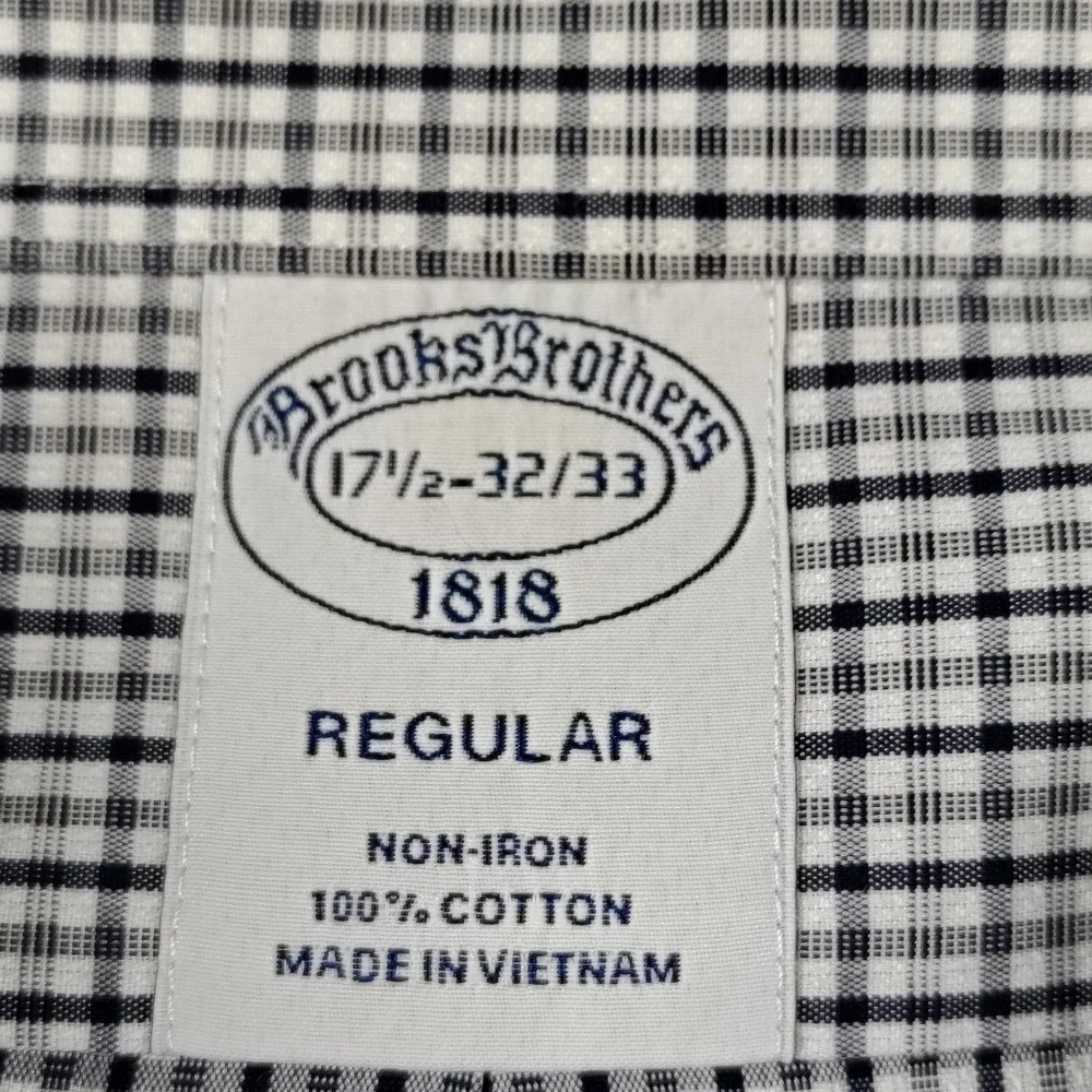 Brooks Brothers 1818 Mens 17.5 32/33 Regular Fit Non-Iron Check Dress Shirt Navy